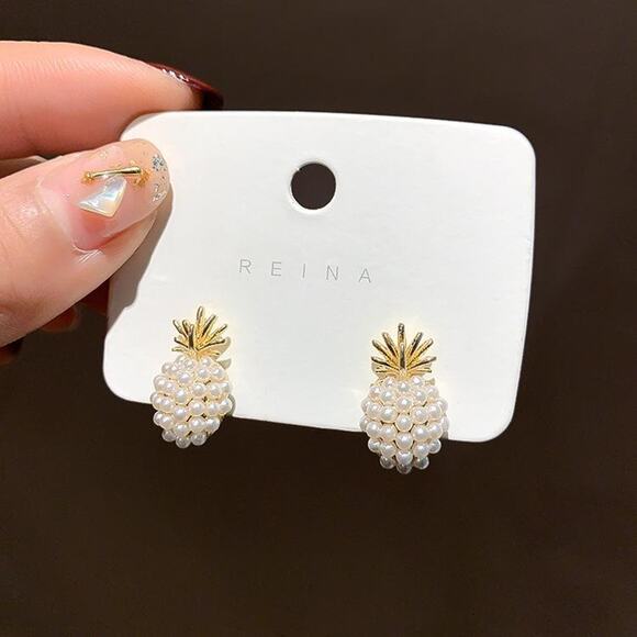 Pineapple Earrings Gold Stud Pearl Post Earrings Minimalist Jewelry - Picture 5 of 8